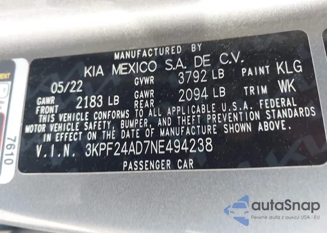 2022 Kia Forte Lxs z USA, uszkodzony, nr VIN 3KPF24AD7NE494238